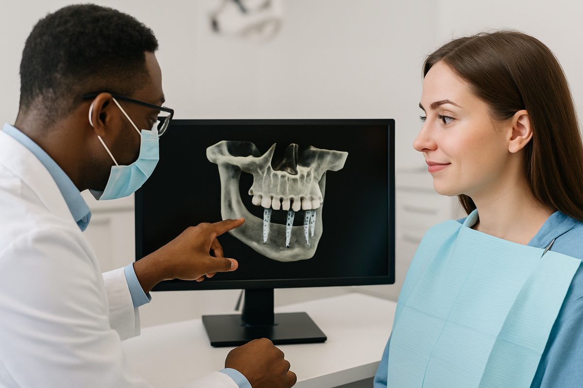 A dentist is showing a patient a 3D scan of their jawbone with dental implants in place, illustrating the planning stage of "the process of dental implants". No text on the image.
