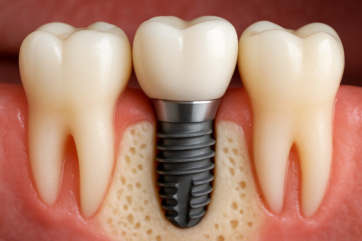Close up image of a dentist using dental tools to secure a crown to a dental implant, which is set into a patients jaw. No text on image.