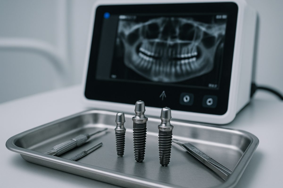 A close-up photo of dental implant screws and tools on a sterile tray, next to a set of high-tech dental imaging equipment. No text on image.