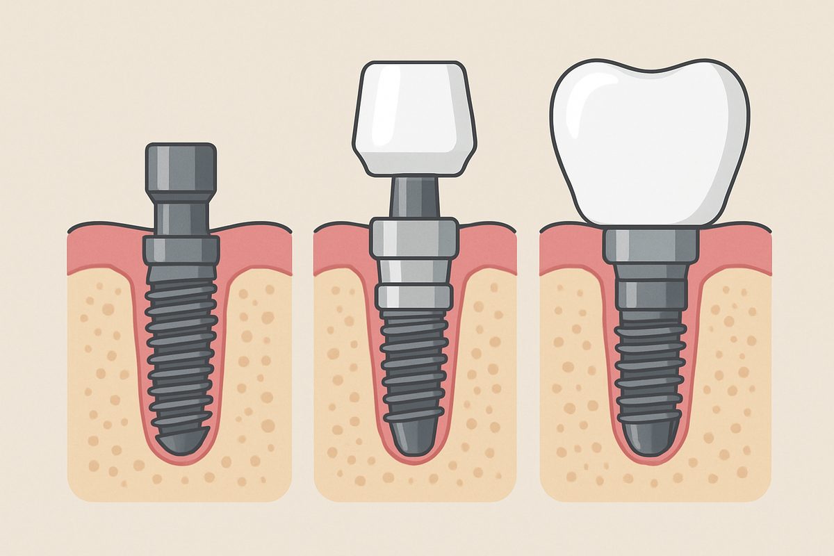A step-by-step diagram of how a tooth implant works, showing the placement of the implant post, abutment, and final crown, with labels indicating each stage of the process. No text on the image.