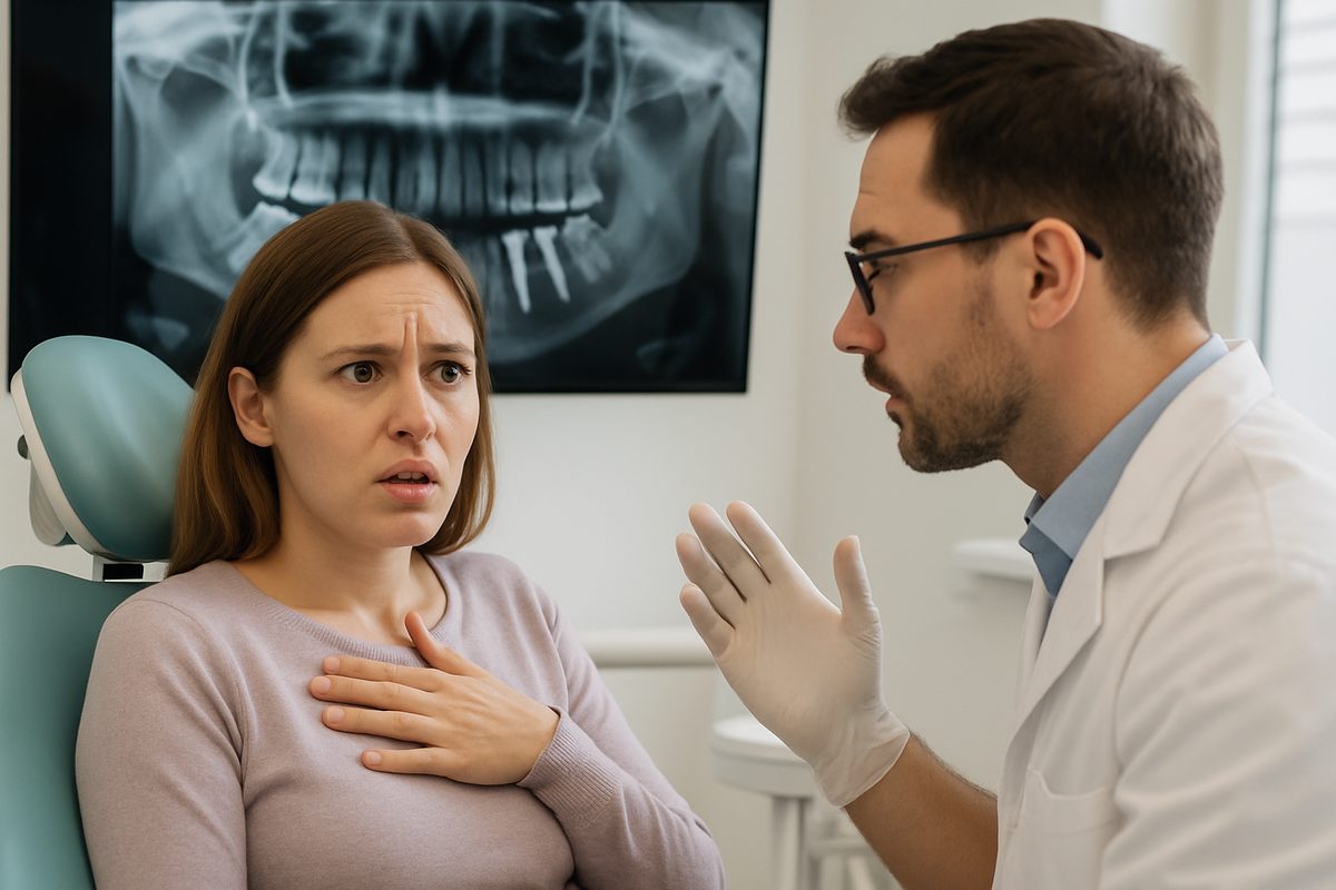 Image of a concerned patient in a dental chair talking to a dentist about potential side effects from dental implants, with an x-ray of jaw with implants in the background. No text on image.