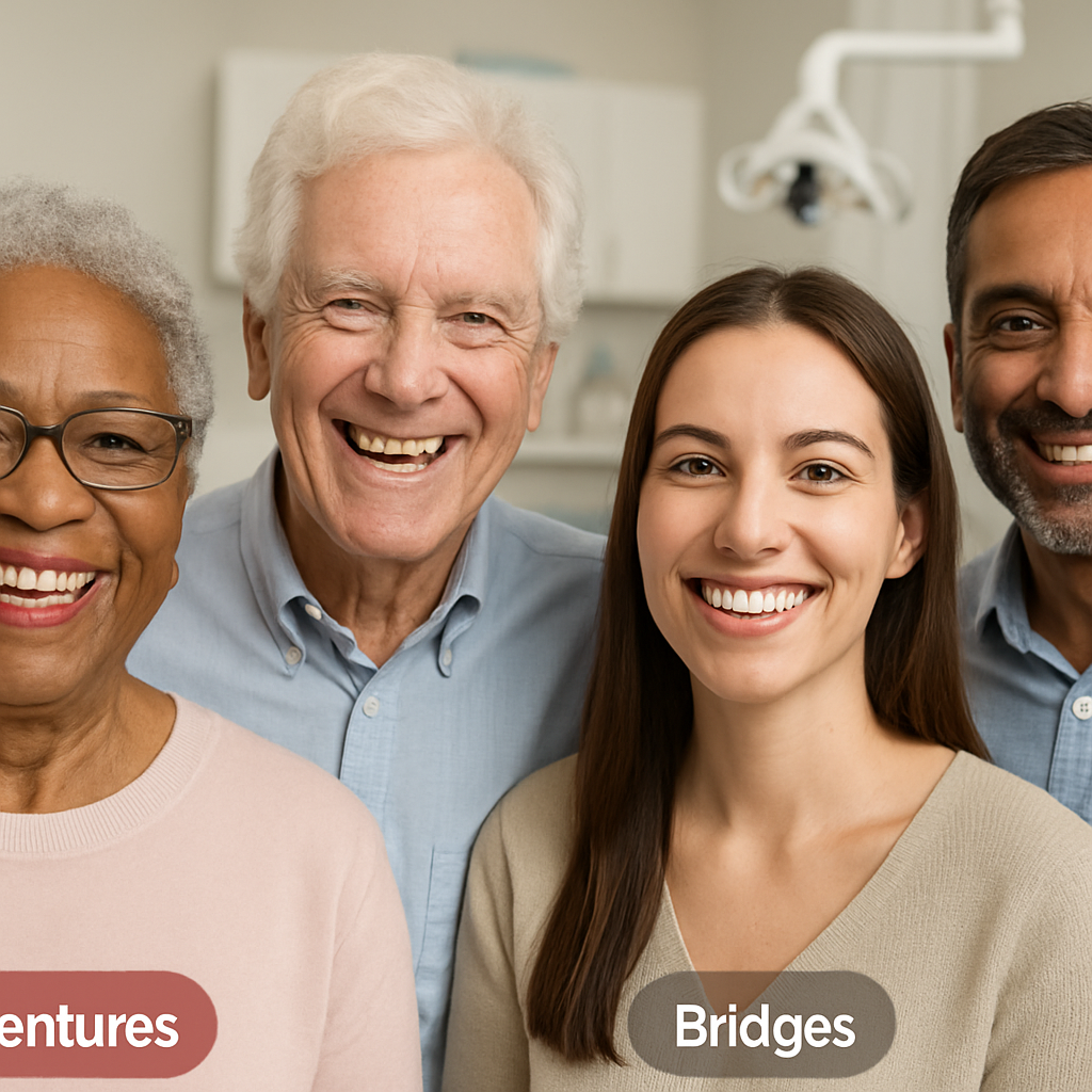 Photo depicting a diverse group of people smiling, each showcasing different types of artificial teeth options: dentures, bridges, and implants. The background subtly features a dental office setting to reinforce the context. No text on image.