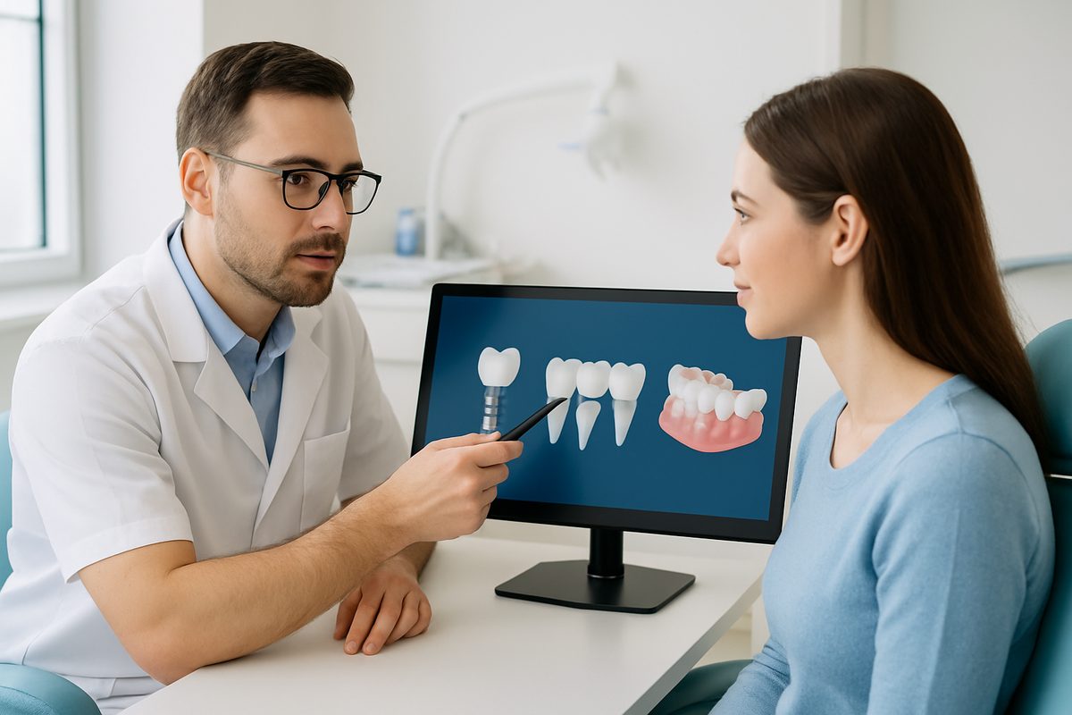 A dentist is consulting with a patient, pointing to a digital scan of various replacement options for missing teeth, including implants, bridges, and dentures. The image emphasizes a modern, comfortable dental office environment. No text on image.