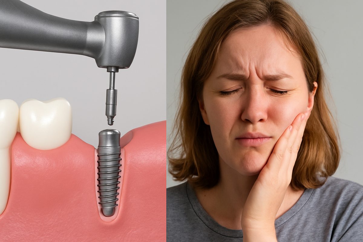 A split image showing a dental implant being placed on one side, contrasted with an unhappy patient experiencing post-operative discomfort on the other. No text on image.