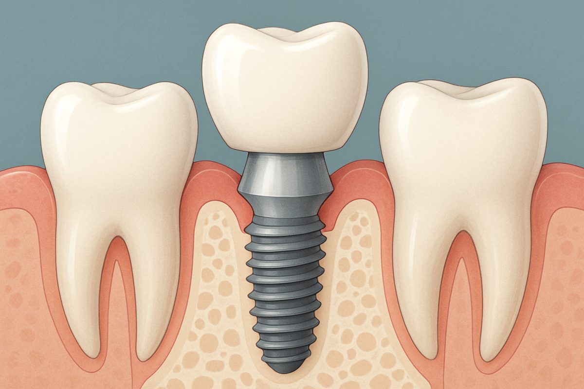 Close up animated image depicting the implant definition. The image highlights and labels the three main parts of a dental implant: the implant post, the abutment, and the crown. No text on the image.
