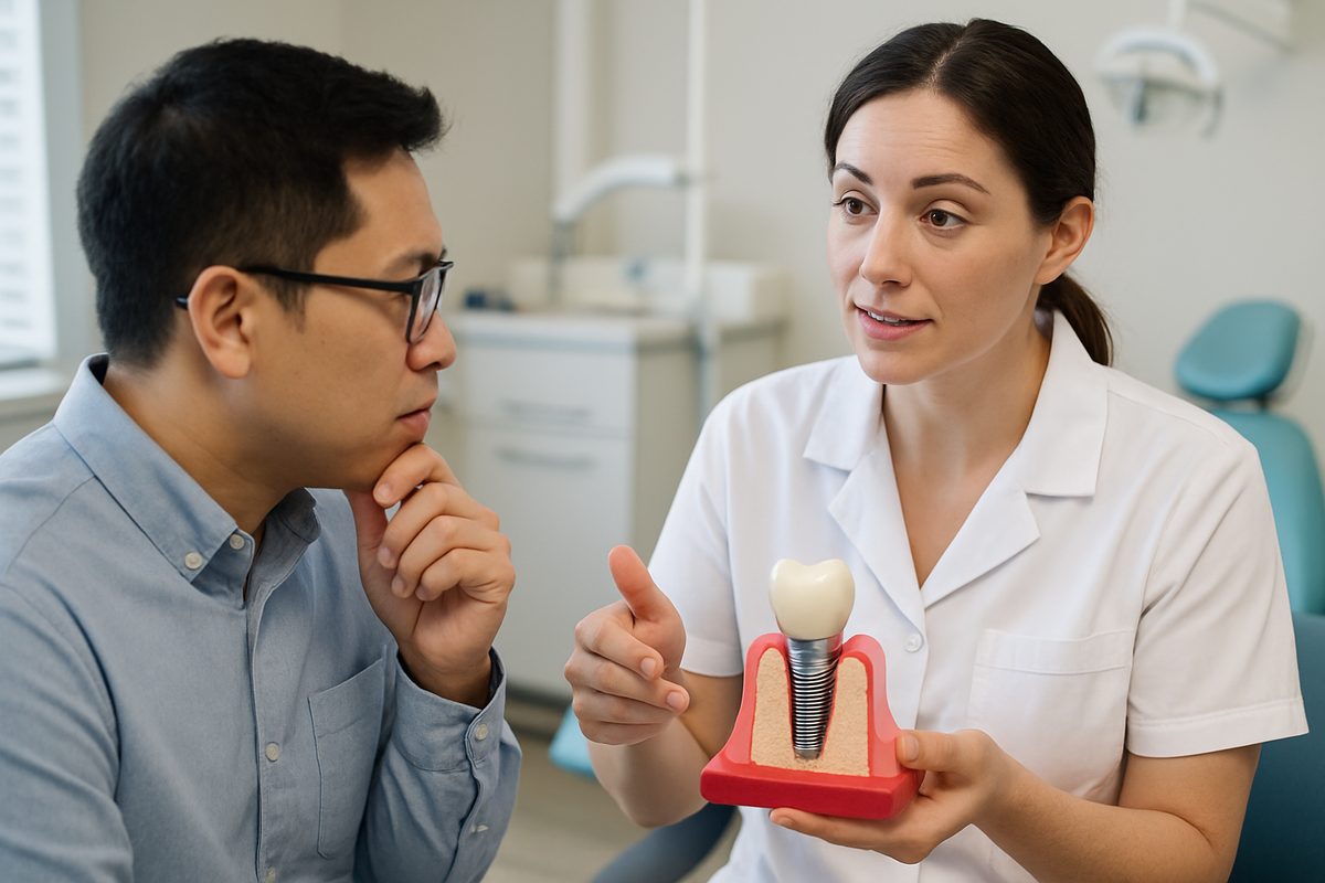 A person talking to a dentist about the cost of a dental implant. The dentist is holding a model of a dental implant to explain the costs involved. No text on the image.