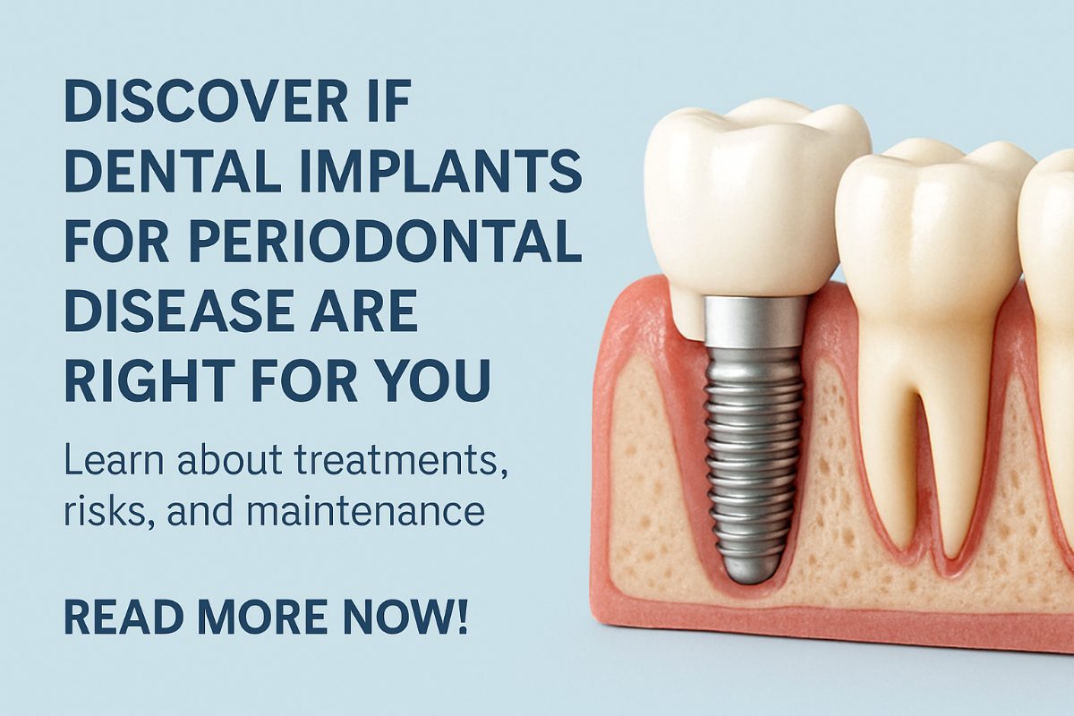 A close-up image showing a dentist pointing to a dental implant placed in a jawbone affected by periodontal disease, with healthy gums surrounding the implant. No text on image.