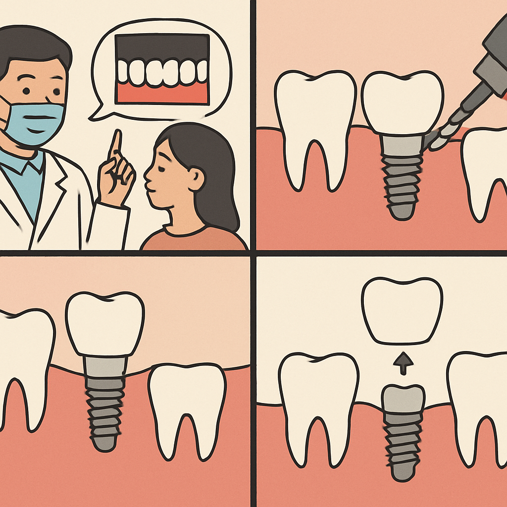 An animated graphic depicting the step-by-step process of a new tooth implant, from initial consultation to final crown placement. No text on image.