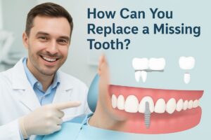 A dentist smiling and pointing to a dental implant in a patient's mouth, with other replacement options arrayed in the background. The text on the image says "How Can You Replace a Missing Tooth?"