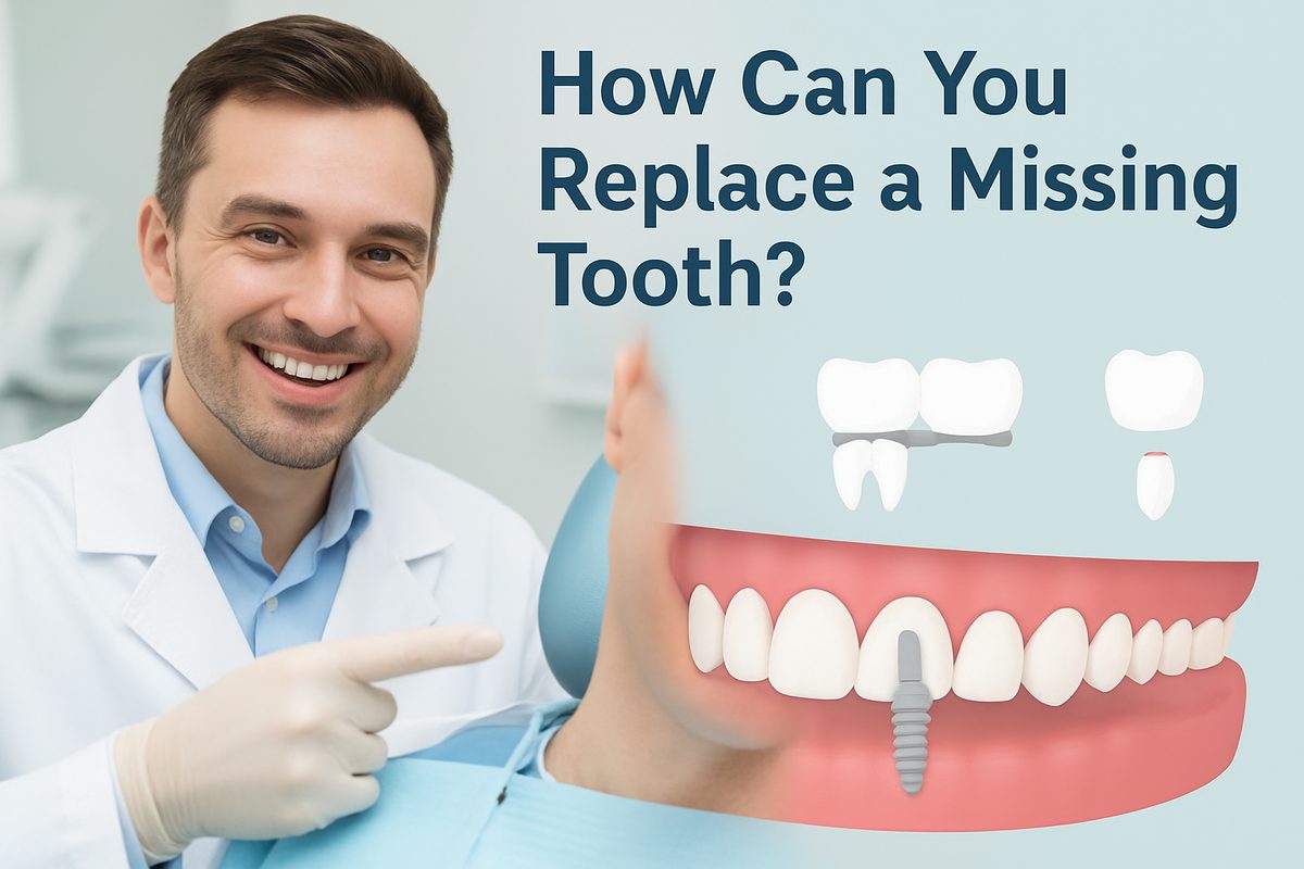 A dentist smiling and pointing to a dental implant in a patient's mouth, with other replacement options arrayed in the background. The text on the image says "How Can You Replace a Missing Tooth?"