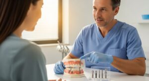 Dentist explaining dental implant screws to patient in a modern office