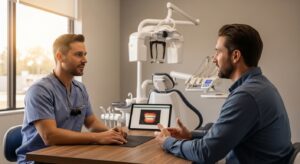 Modern dental office interior with warm lighting and advanced equipment