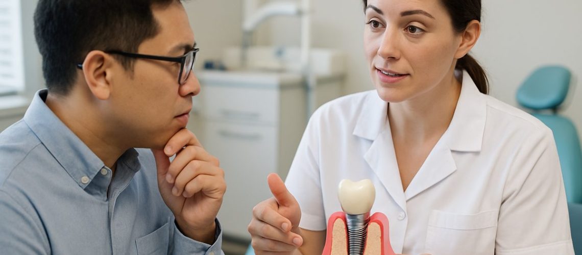 A person talking to a dentist about the cost of a dental implant. The dentist is holding a model of a dental implant to explain the costs involved. No text on the image.