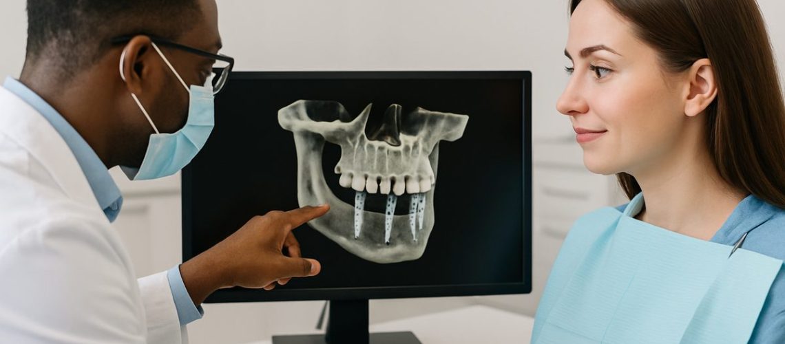 A dentist is showing a patient a 3D scan of their jawbone with dental implants in place, illustrating the planning stage of "the process of dental implants". No text on the image.