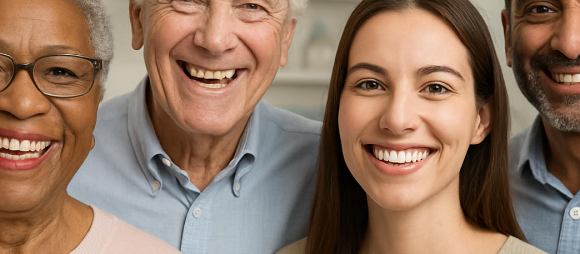 Photo depicting a diverse group of people smiling, each showcasing different types of artificial teeth options: dentures, bridges, and implants. The background subtly features a dental office setting to reinforce the context. No text on image.