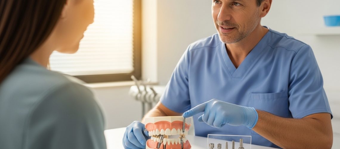 Dentist explaining dental implant screws to patient in a modern office