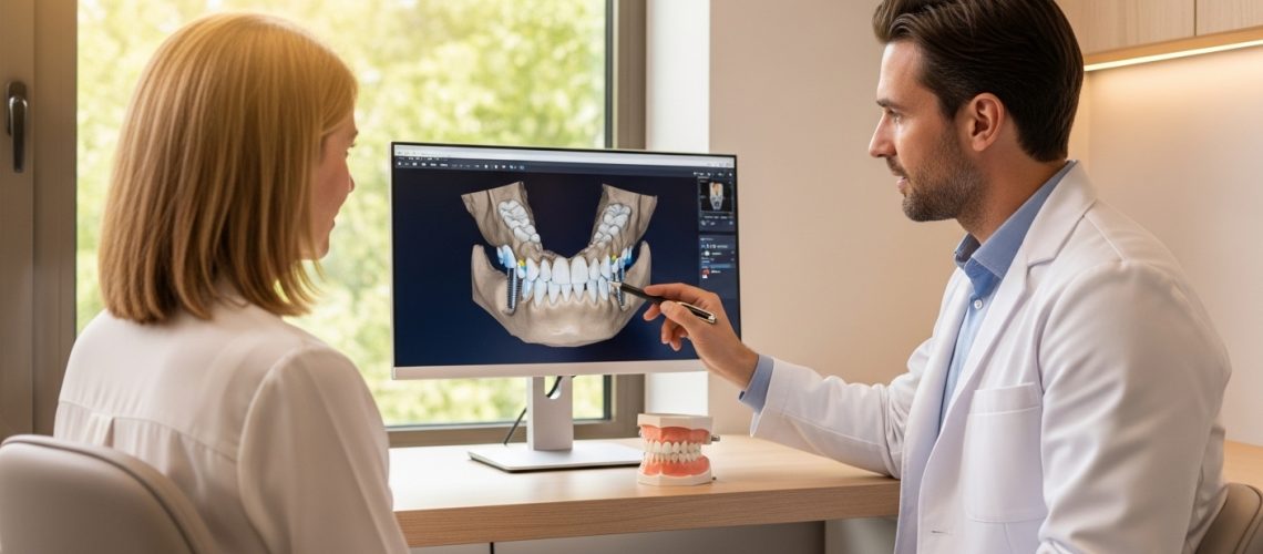 Dentist consulting patient on dental implants in modern clinic
