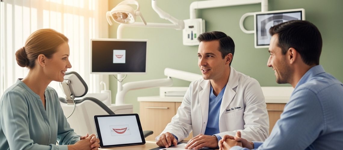 Dentist consulting with a family in a modern dental office.