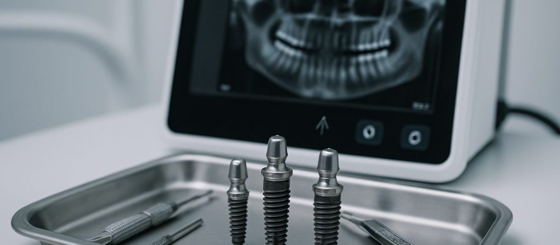 A close-up photo of dental implant screws and tools on a sterile tray, next to a set of high-tech dental imaging equipment. No text on image.