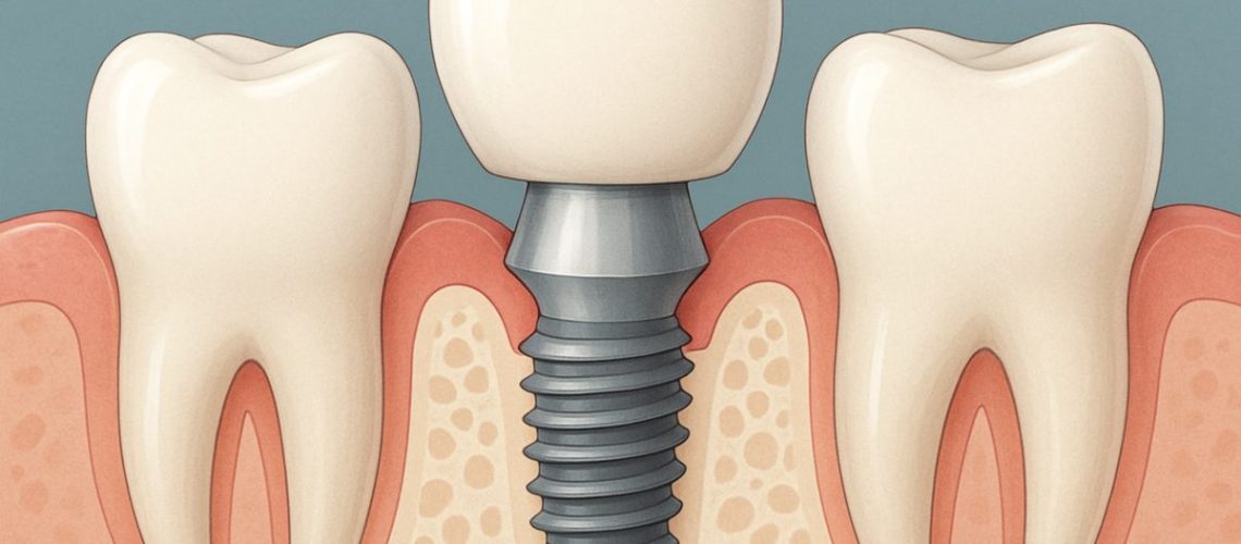 Close up animated image depicting the implant definition. The image highlights and labels the three main parts of a dental implant: the implant post, the abutment, and the crown. No text on the image.