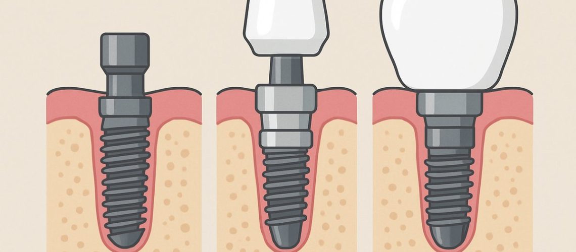 A step-by-step diagram of how a tooth implant works, showing the placement of the implant post, abutment, and final crown, with labels indicating each stage of the process. No text on the image.