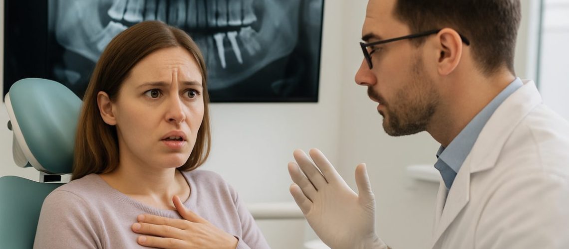 Image of a concerned patient in a dental chair talking to a dentist about potential side effects from dental implants, with an x-ray of jaw with implants in the background. No text on image.