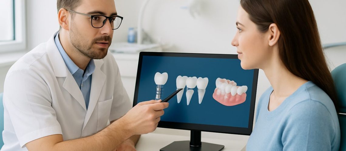 A dentist is consulting with a patient, pointing to a digital scan of various replacement options for missing teeth, including implants, bridges, and dentures. The image emphasizes a modern, comfortable dental office environment. No text on image.
