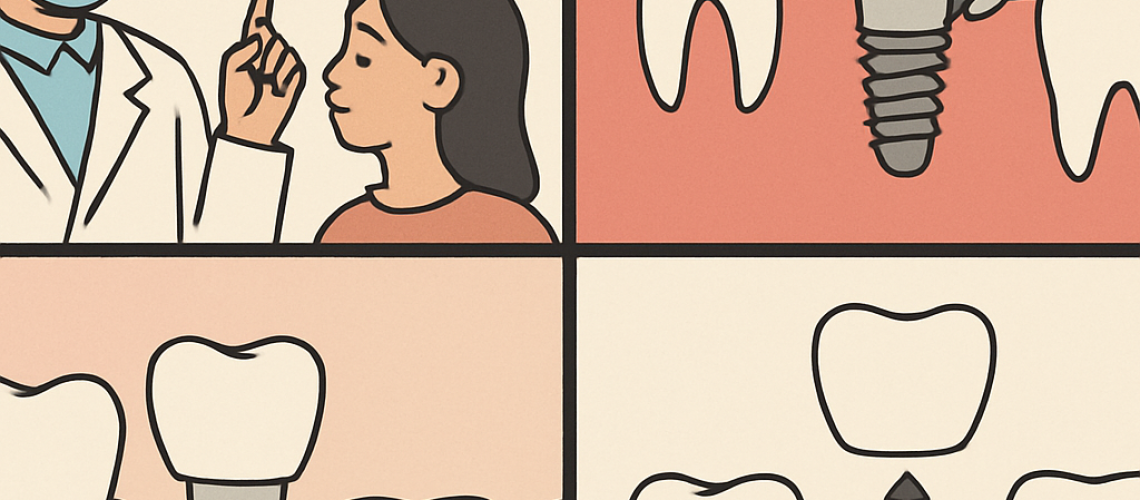 An animated graphic depicting the step-by-step process of a new tooth implant, from initial consultation to final crown placement. No text on image.