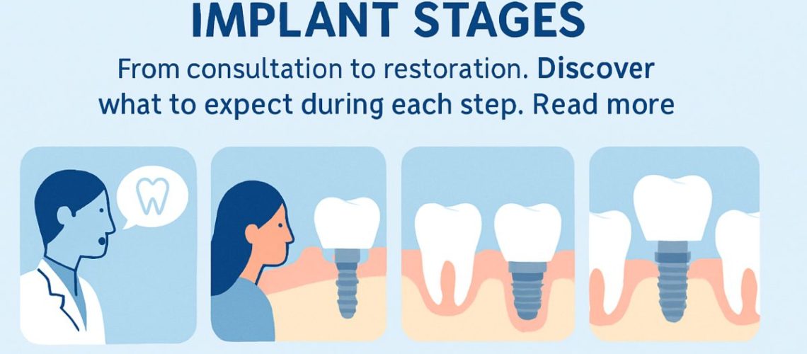 Image illustrating the dental implant stages with an infographic, showing consultation, implant placement, healing, abutment attachment, and final restoration. No text on image.