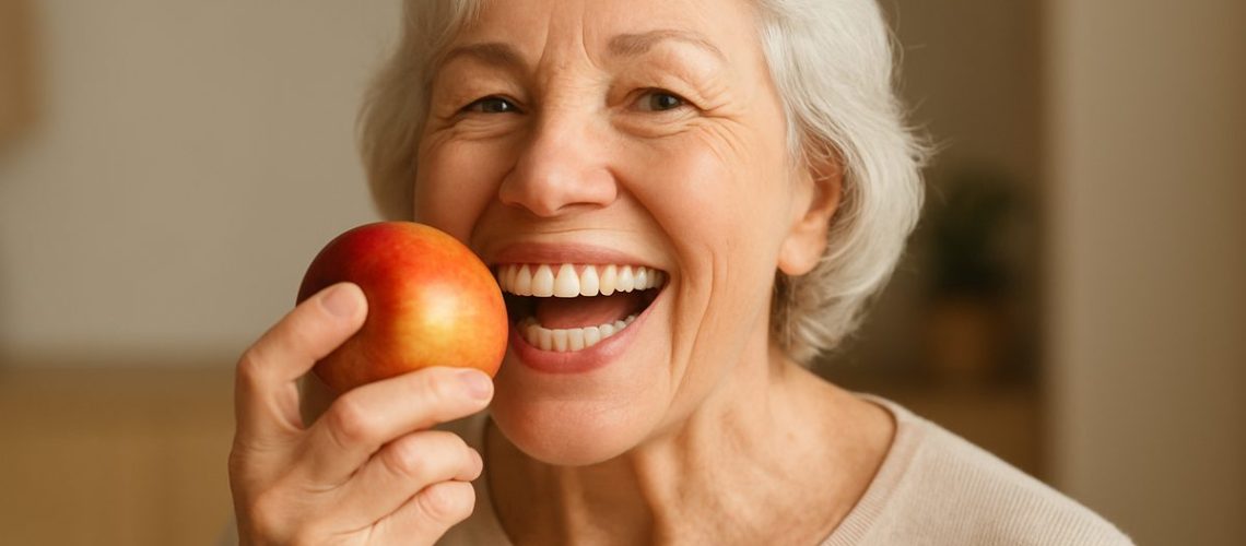 Image of a smiling senior woman confidently eating an apple, showcasing the functionality of her dental implants. No text on image.