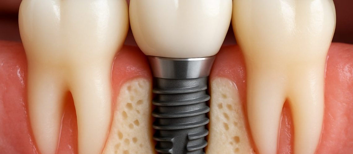 Close up image of a dentist using dental tools to secure a crown to a dental implant, which is set into a patients jaw. No text on image.